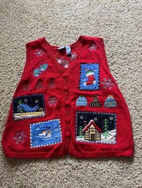 Holiday Editions Red Embroidered Christmas Vest XL